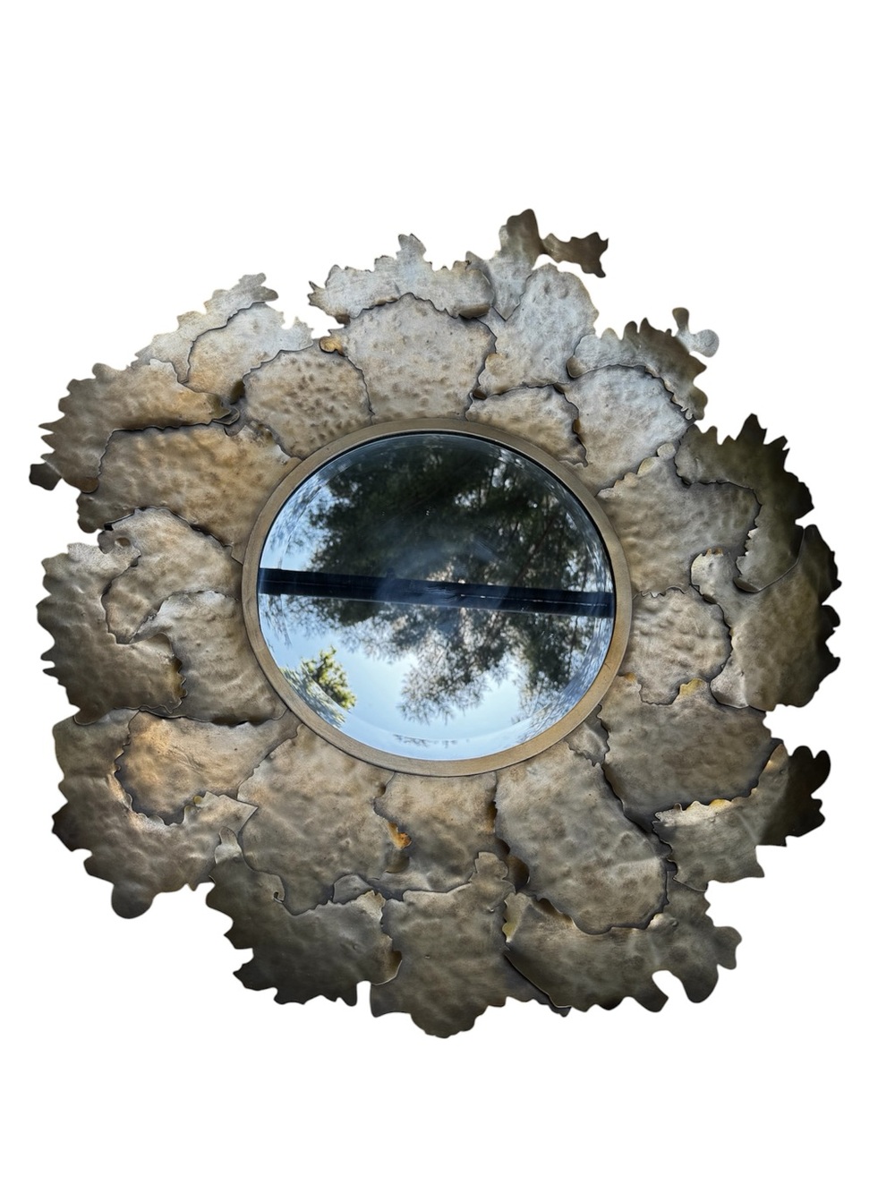 Anthropologie 32” Gold Floral Leaf Wall Mirror Hammered Metal Round Decor